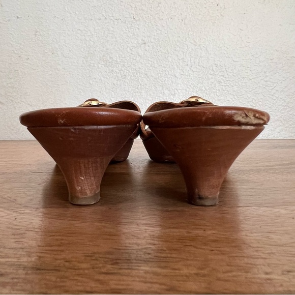 Yves Saint Laurent Rive Gauche Caliente wooden kitten heel sandals brown leather - Picture 6 of 16